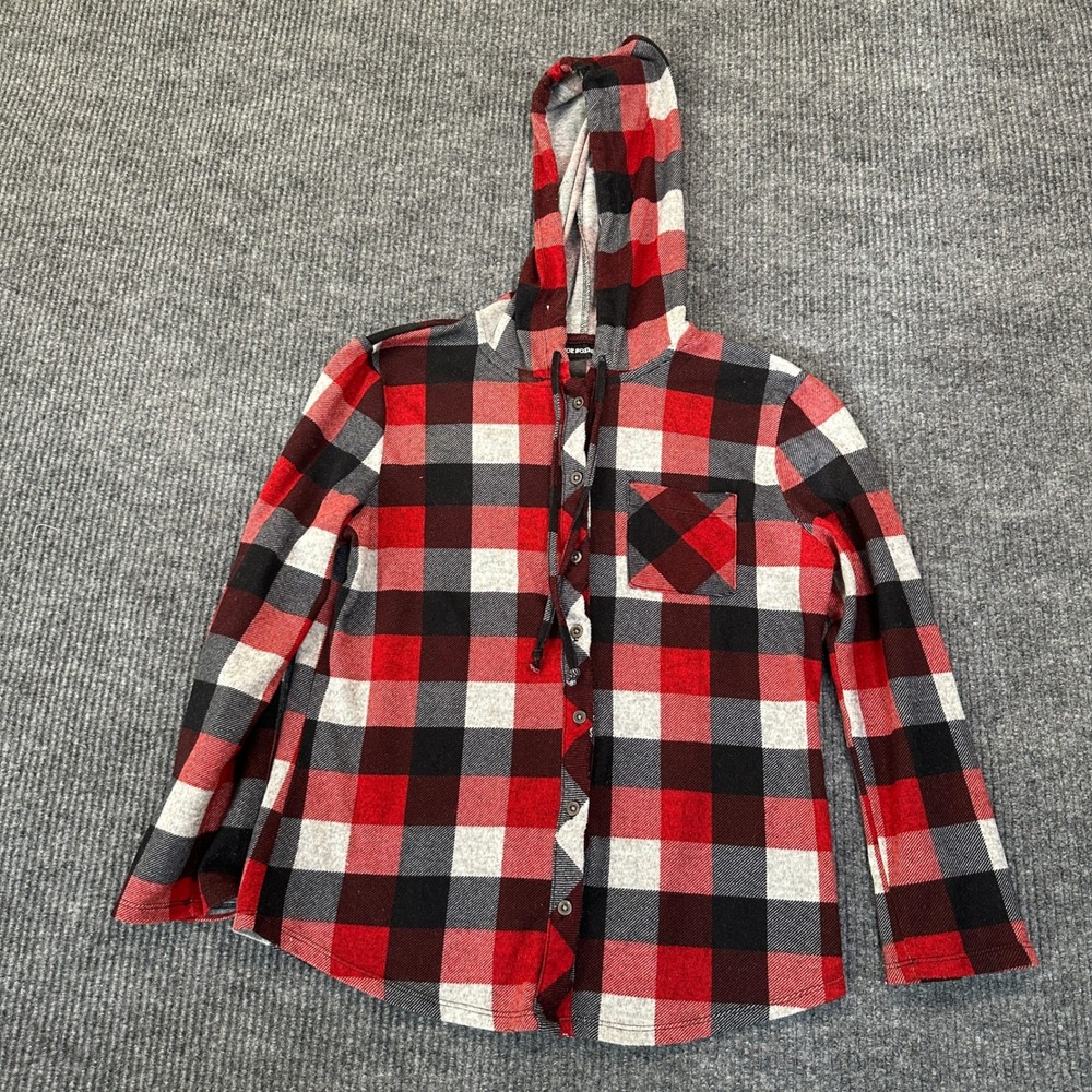 Joe Boxer Hooded Flannel Shirt Large Red Black Buffalo Plaid Soft Knit Hoodie